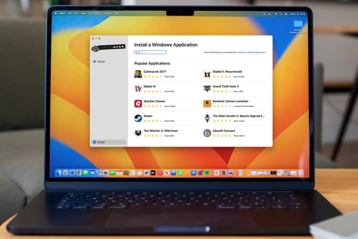 MacBook running CrossOver with Cyberpunk 2077, Diablo IV, GTA V and other Windows games in the install library